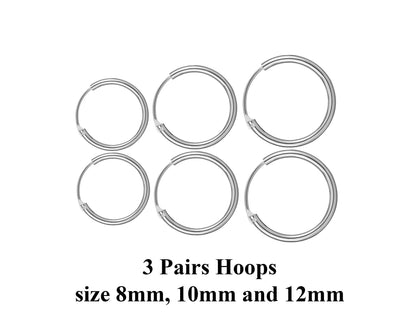 Silver Hoop Earrings - Set of 3 Pairs Hoop Earrings for Women - Comes in Sizes of 8mm, 10mm and 12mm - Silver, Gold, Rose Gold