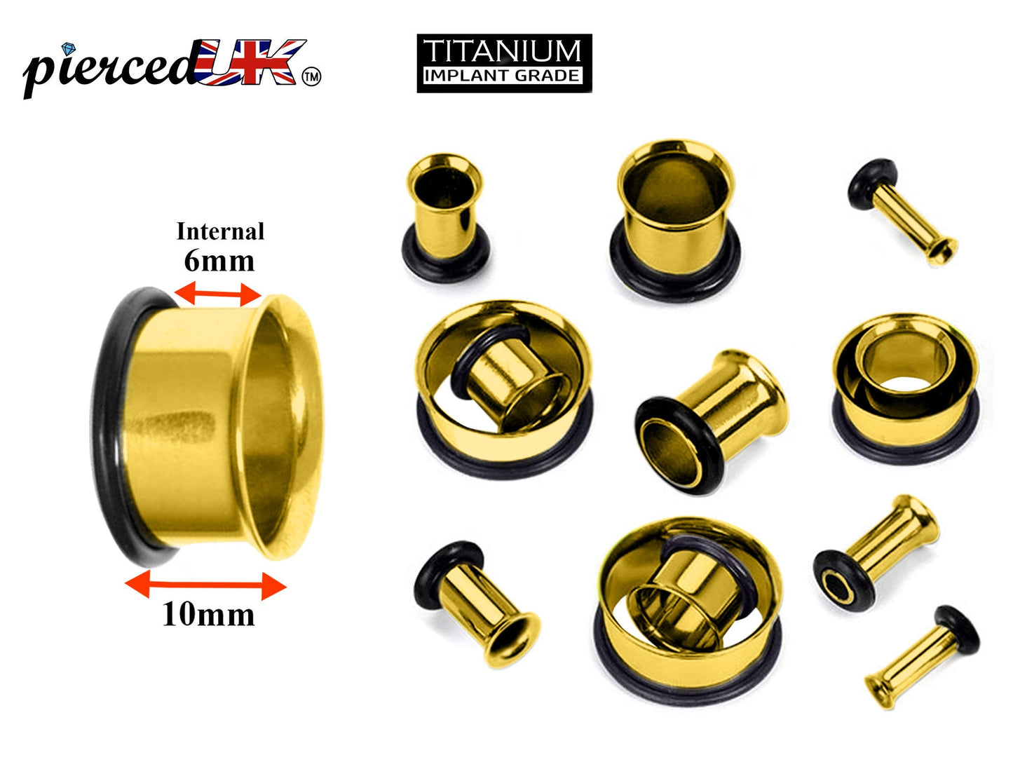 Gold Plated Plugs, Single Flare Tunnels - Titanium Plugs Earrings Stretchers with rubber O-ring for Ear Lobe Earring, Body Modification