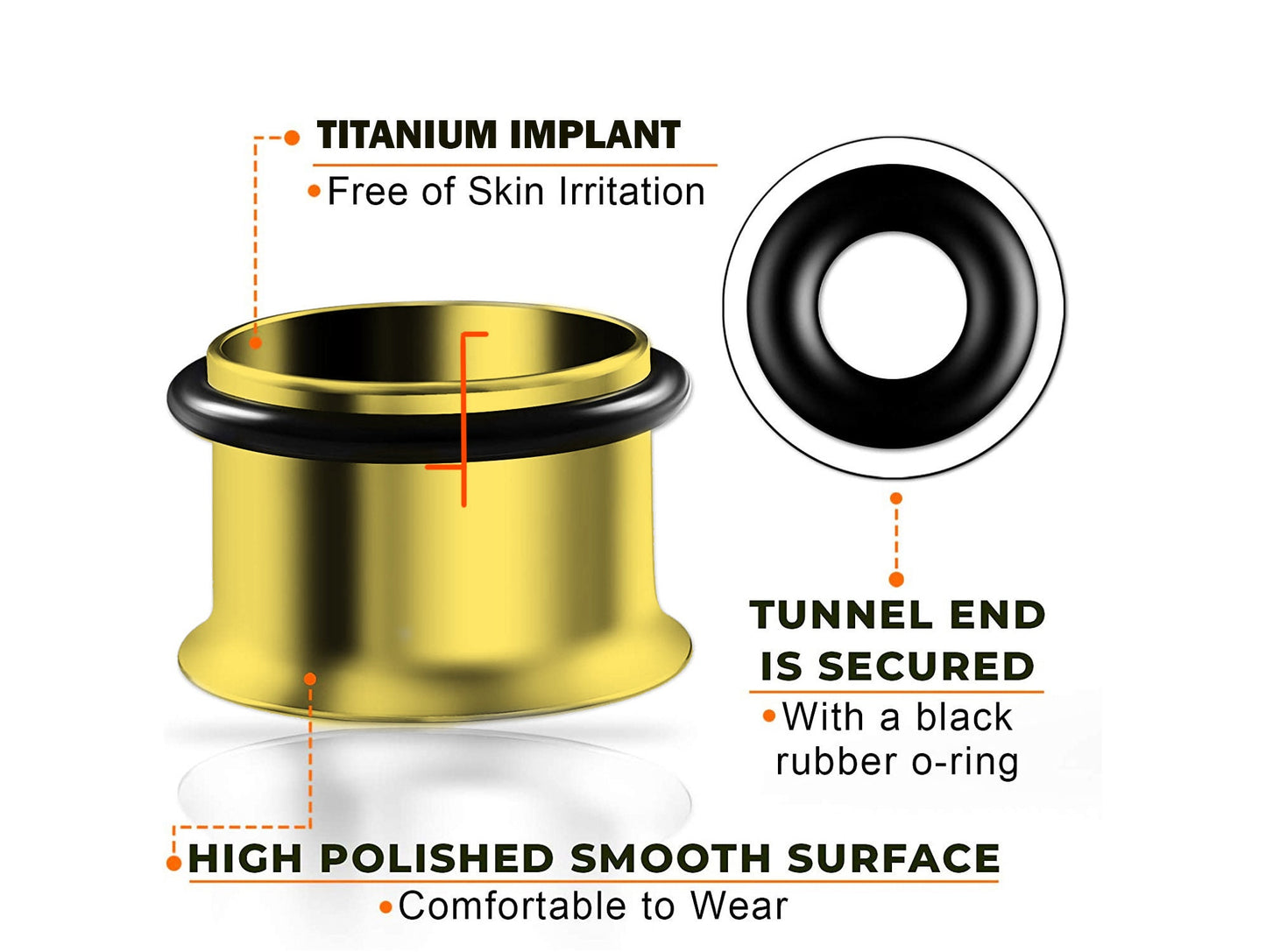 Gold Plated Plugs, Single Flare Tunnels - Titanium Plugs Earrings Stretchers with rubber O-ring for Ear Lobe Earring, Body Modification