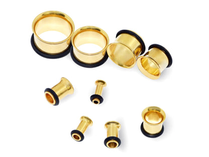 Gold Plated Plugs, Single Flare Tunnels - Titanium Plugs Earrings Stretchers with rubber O-ring for Ear Lobe Earring, Body Modification
