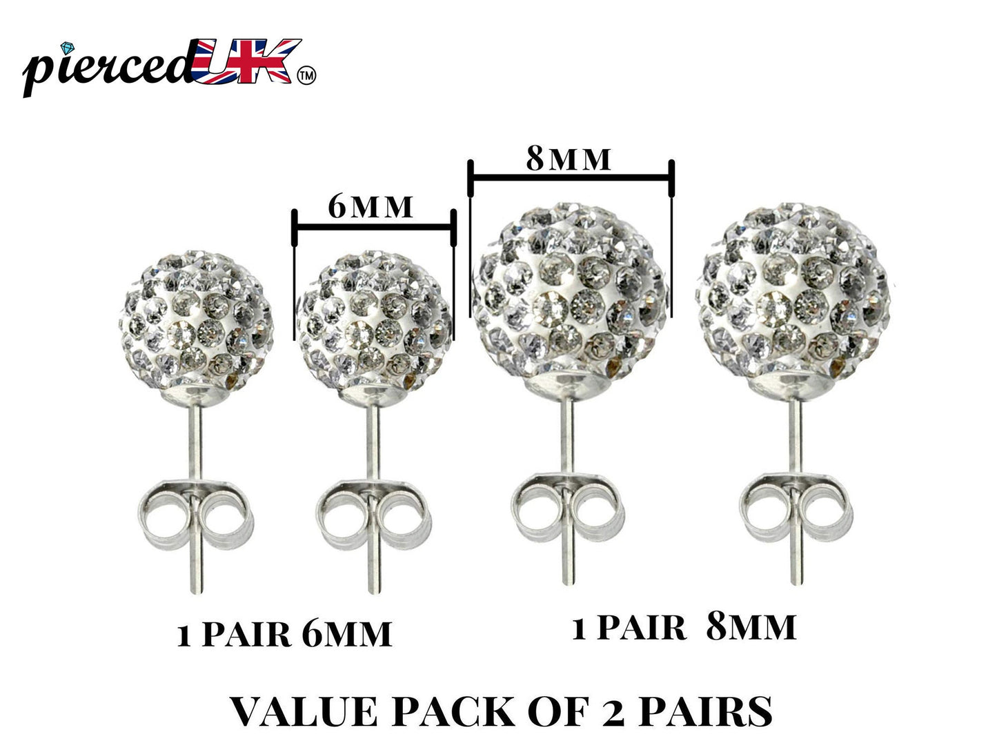 Glitter Ball Stud Earrings, Bling Ball - 2 Pairs of Multi Crystal Ball Silver Earring size 6mm and 8mm Ball - Choose in Many Colours