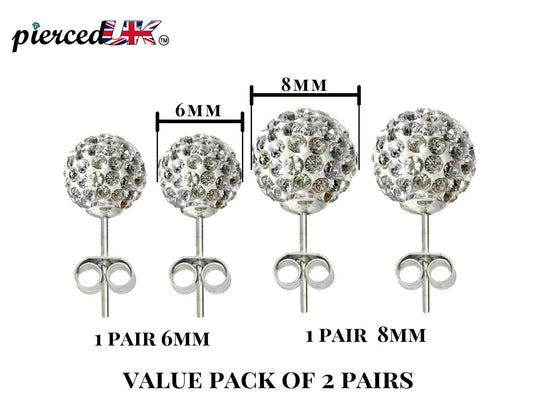 Glitter Ball Stud Earrings, Bling Ball - 2 Pairs of Multi Crystal Ball Silver Earring size 6mm and 8mm Ball - Choose in Many Colours