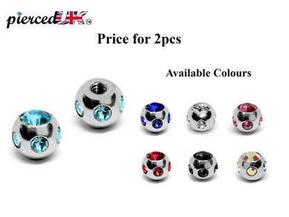 Replacement Piercing Parts, Loose Part – 1 Pair (2pcs) Multi Crystal Ball Attachment for lip labret, Barbell, Septum ring, Curved Barbell