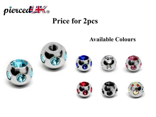 Replacement Piercing Parts, Loose Part – 1 Pair (2pcs) Multi Crystal Ball Attachment for lip labret, Barbell, Septum ring, Curved Barbell