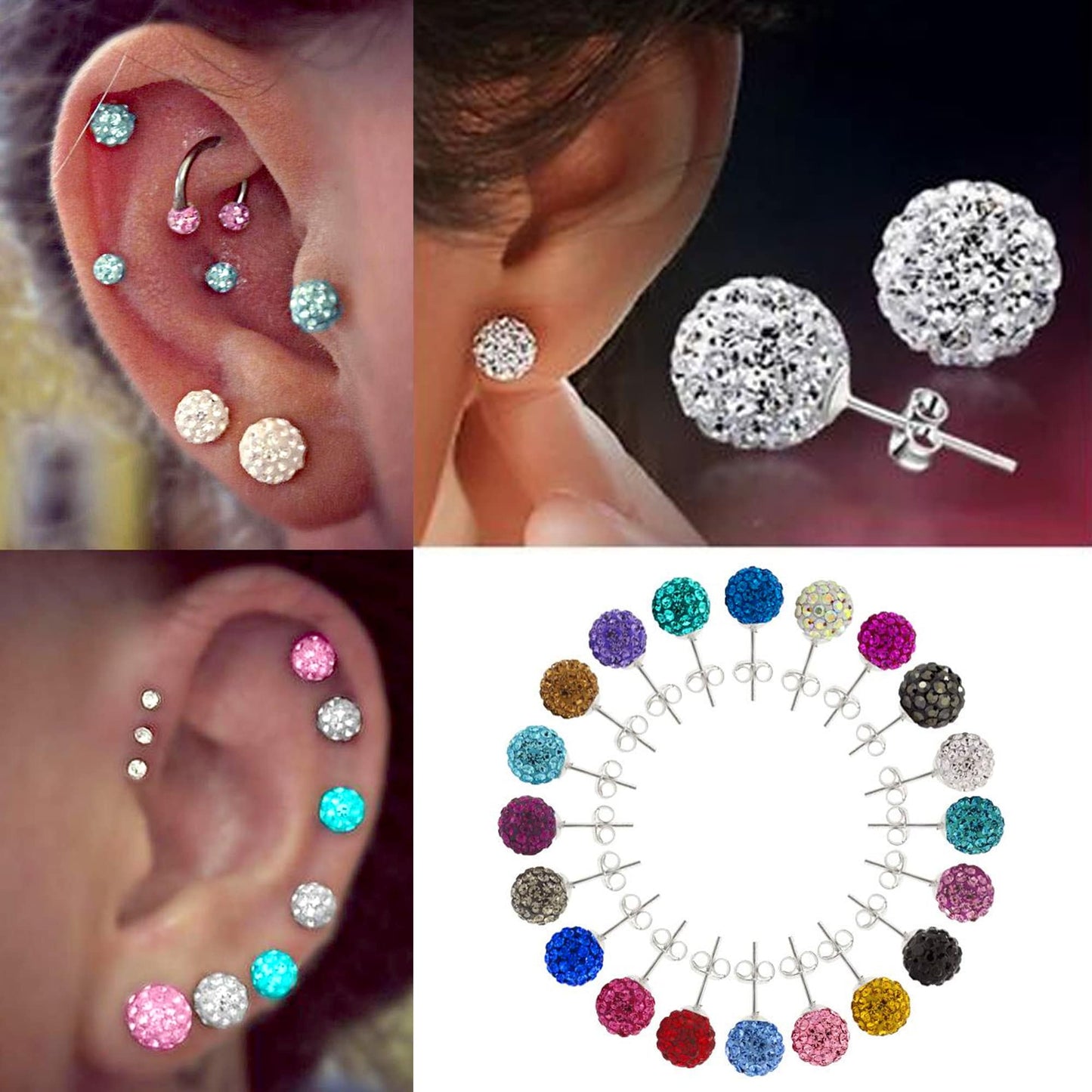 Glitter Ball Stud Earrings, Bling Ball - 2 Pairs of Multi Crystal Ball Silver Earring size 6mm and 8mm Ball - Choose in Many Colours