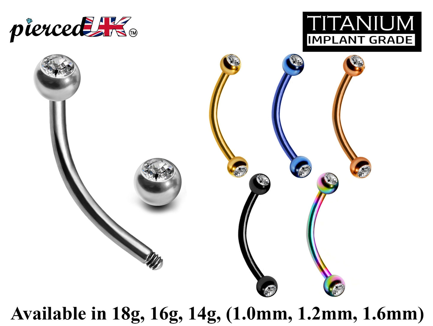 Titanium Curved Barbell, Daith Piercing – 18g, 16g, 14g  Eyebrow Piercing Jewelry in many Colors with Clear Crystal Top Gem Ball