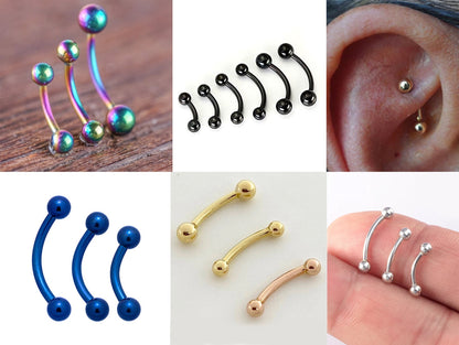 Titanium Curved Barbell, Daith Piercing – 18g, 16g, 14g  Eyebrow Piercing Jewelry in many Colors with Clear Crystal Top Gem Ball