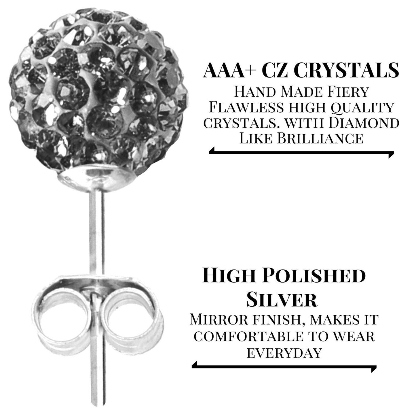 Glitter Ball Stud Earrings, Bling Ball - 2 Pairs of Multi Crystal Ball Silver Earring size 6mm and 8mm Ball - Choose in Many Colours