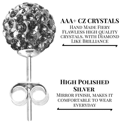 Glitter Ball Stud Earrings, Bling Ball - 2 Pairs of Multi Crystal Ball Silver Earring size 6mm and 8mm Ball - Choose in Many Colours