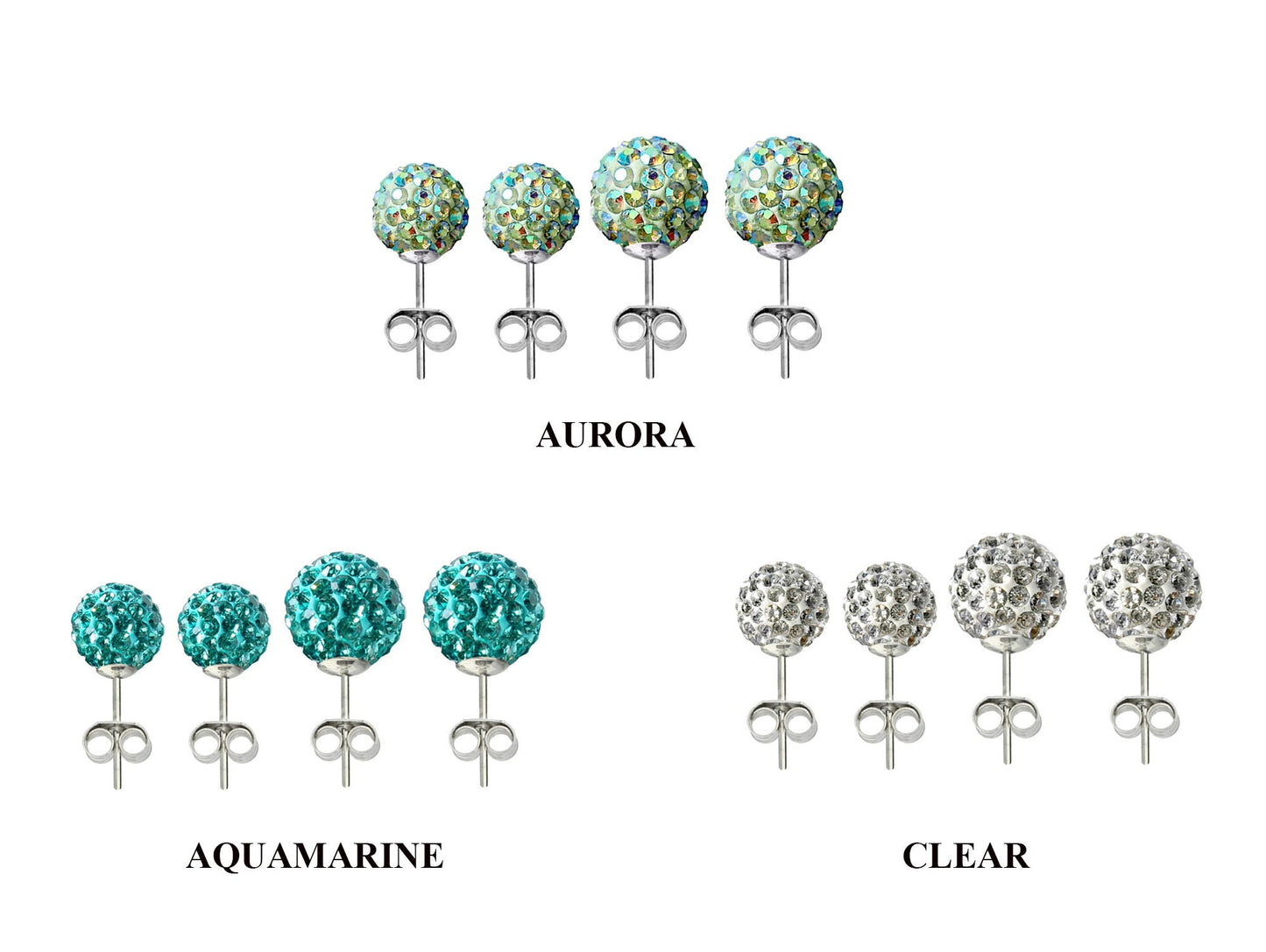 Glitter Ball Stud Earrings, Bling Ball - 2 Pairs of Multi Crystal Ball Silver Earring size 6mm and 8mm Ball - Choose in Many Colours