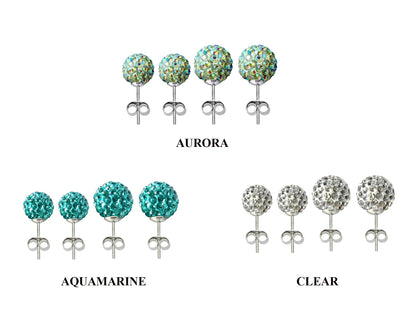 Glitter Ball Stud Earrings, Bling Ball - 2 Pairs of Multi Crystal Ball Silver Earring size 6mm and 8mm Ball - Choose in Many Colours