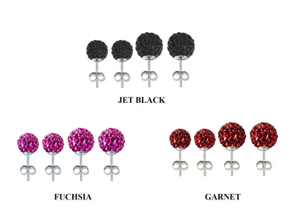 Glitter Ball Stud Earrings, Bling Ball - 2 Pairs of Multi Crystal Ball Silver Earring size 6mm and 8mm Ball - Choose in Many Colours