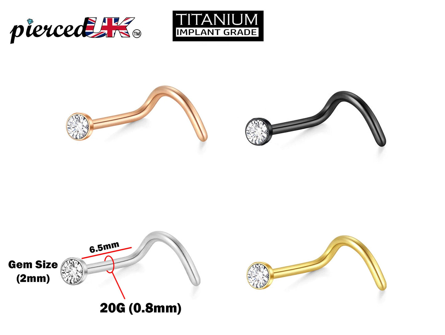 Nostril Jewellery with Stone CZ Crystals 20G (0.8mm) Titanium Fixed Nose Piercing- Stone Size 2mm - Nasallang Jewelry, Nose Ring, Nose Screw