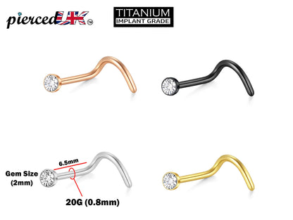Nostril Jewellery with Stone CZ Crystals 20G (0.8mm) Titanium Fixed Nose Piercing- Stone Size 2mm - Nasallang Jewelry, Nose Ring, Nose Screw