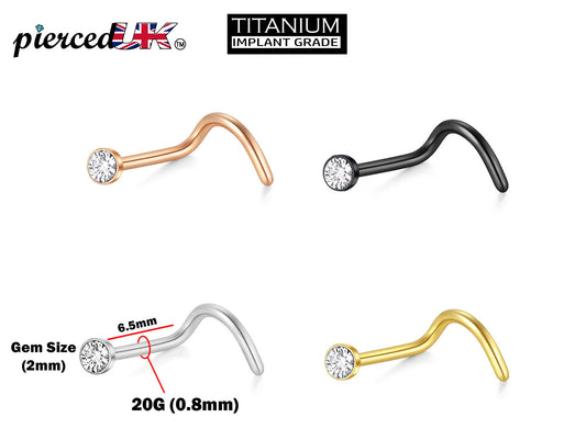 Nostril Jewellery with Stone CZ Crystals 20G (0.8mm) Titanium Fixed Nose Piercing- Stone Size 2mm - Nasallang Jewelry, Nose Ring, Nose Screw