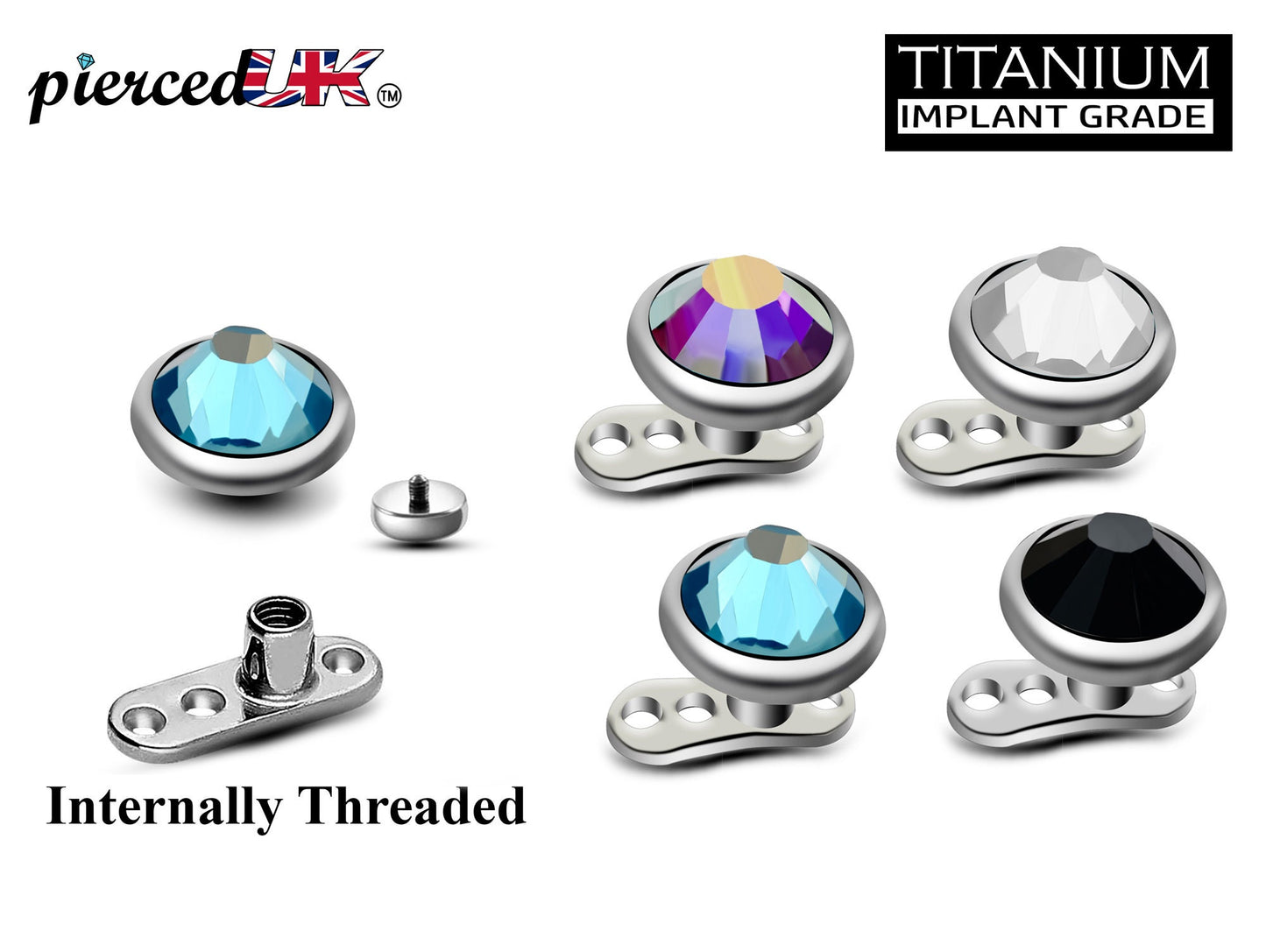Titanium Dermal Piercing, Dermal Anchor – Micro Dermal Implant Piercing – 14g (1.6mm) and 5mm top Pyramid Gem – 3 Holes Dermal Base Plate