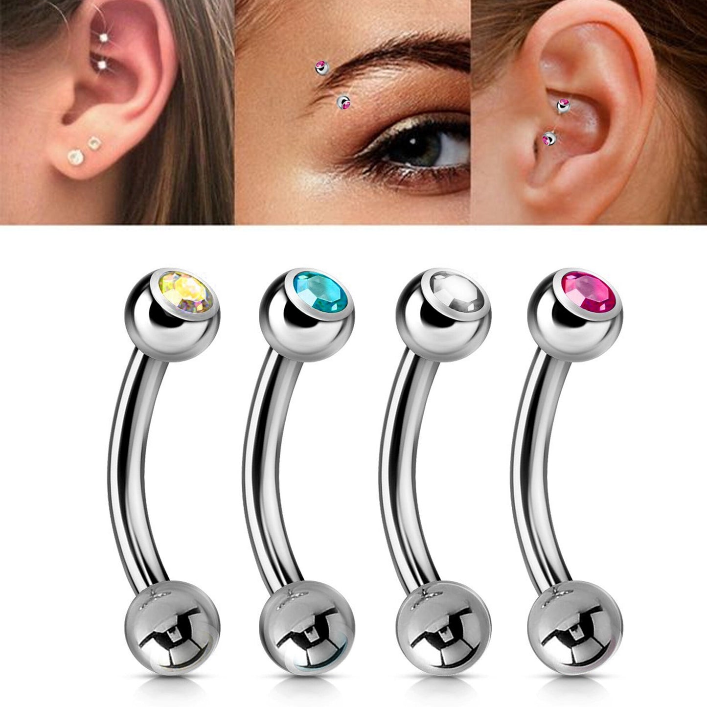 Titanium Curved Barbell, Daith Piercing - Single Jeweled Bent Barbell - 18g 16g 14g - Piercing for belly ring, Ear, Tragus, Helix
