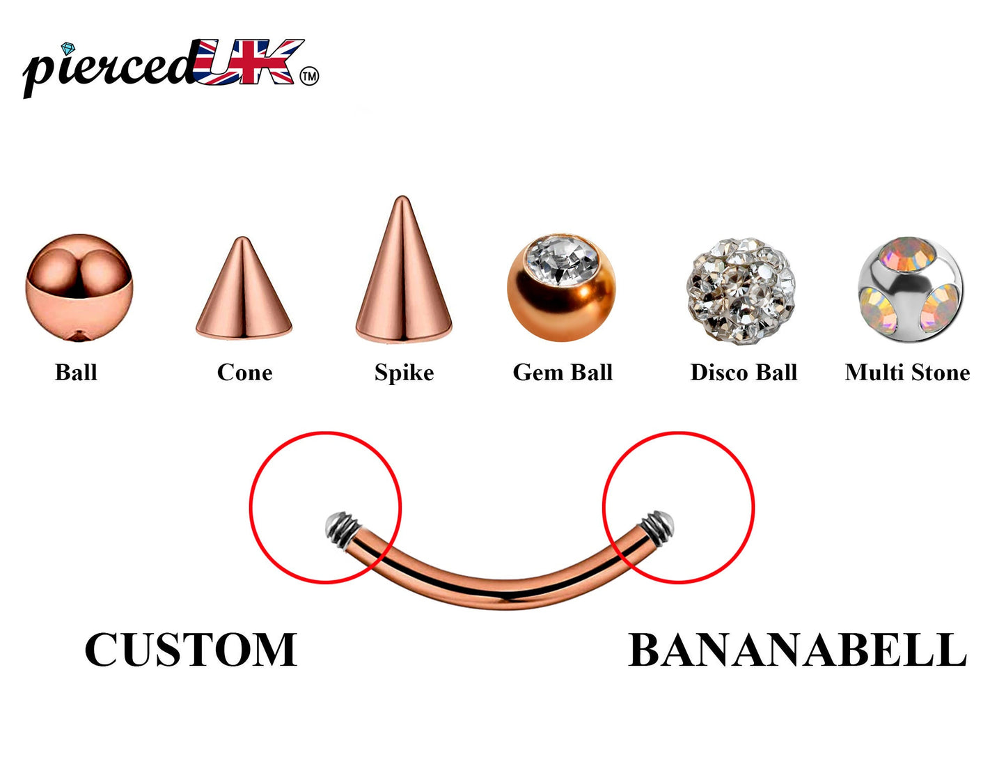 Rose Gold Curved Barbell, Eyebrow Bar – Custom Bent Barbell 18g 16g 14g Piercing for Daith, Vertical Labret and More