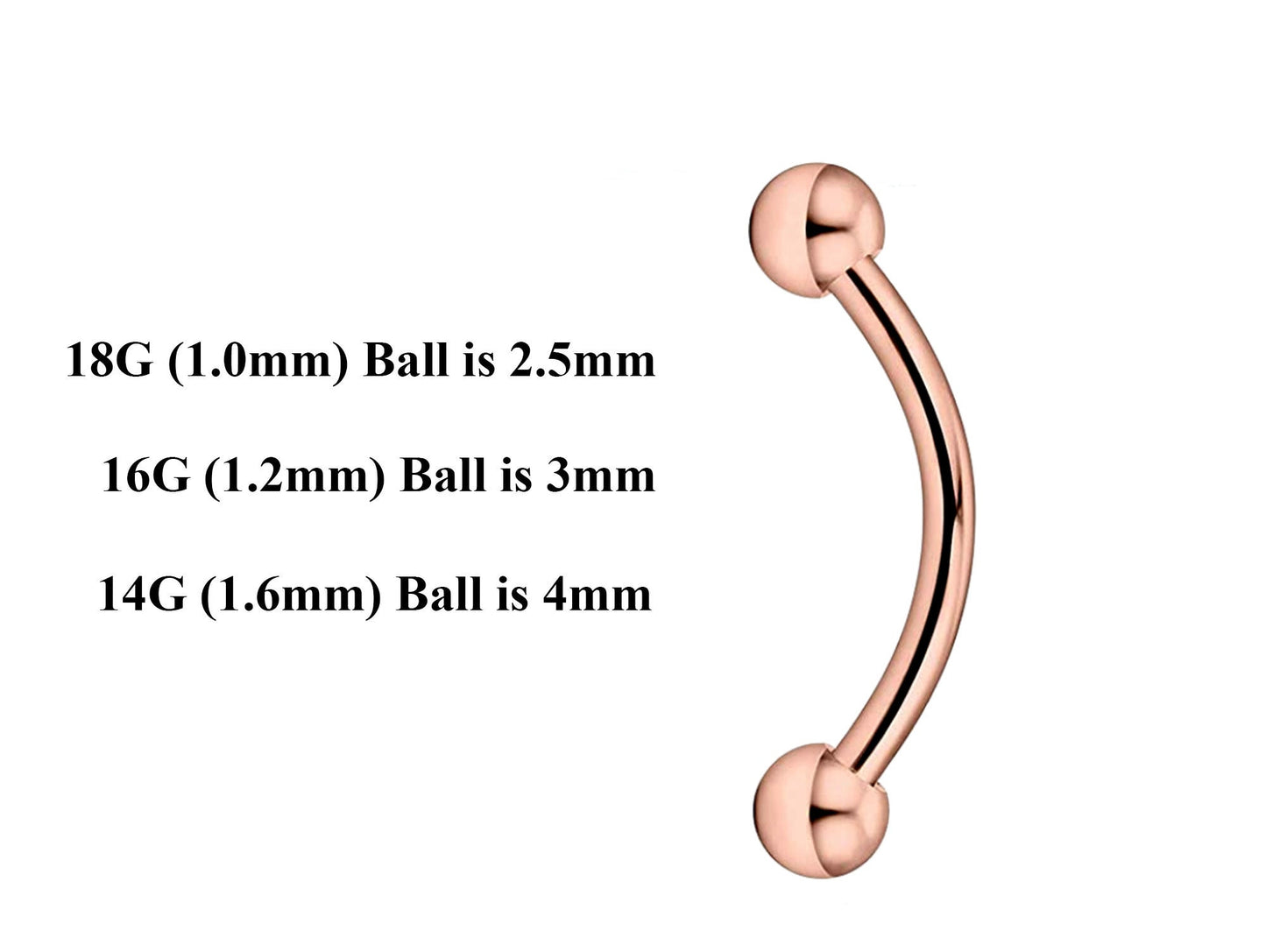 Rose Gold Curved Barbell, Eyebrow Bar – Custom Bent Barbell 18g 16g 14g Piercing for Daith, Vertical Labret and More