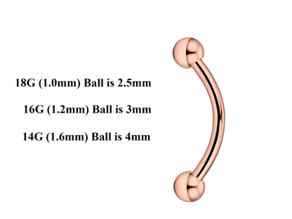 Rose Gold Curved Barbell, Eyebrow Bar – Custom Bent Barbell 18g 16g 14g Piercing for Daith, Vertical Labret and More