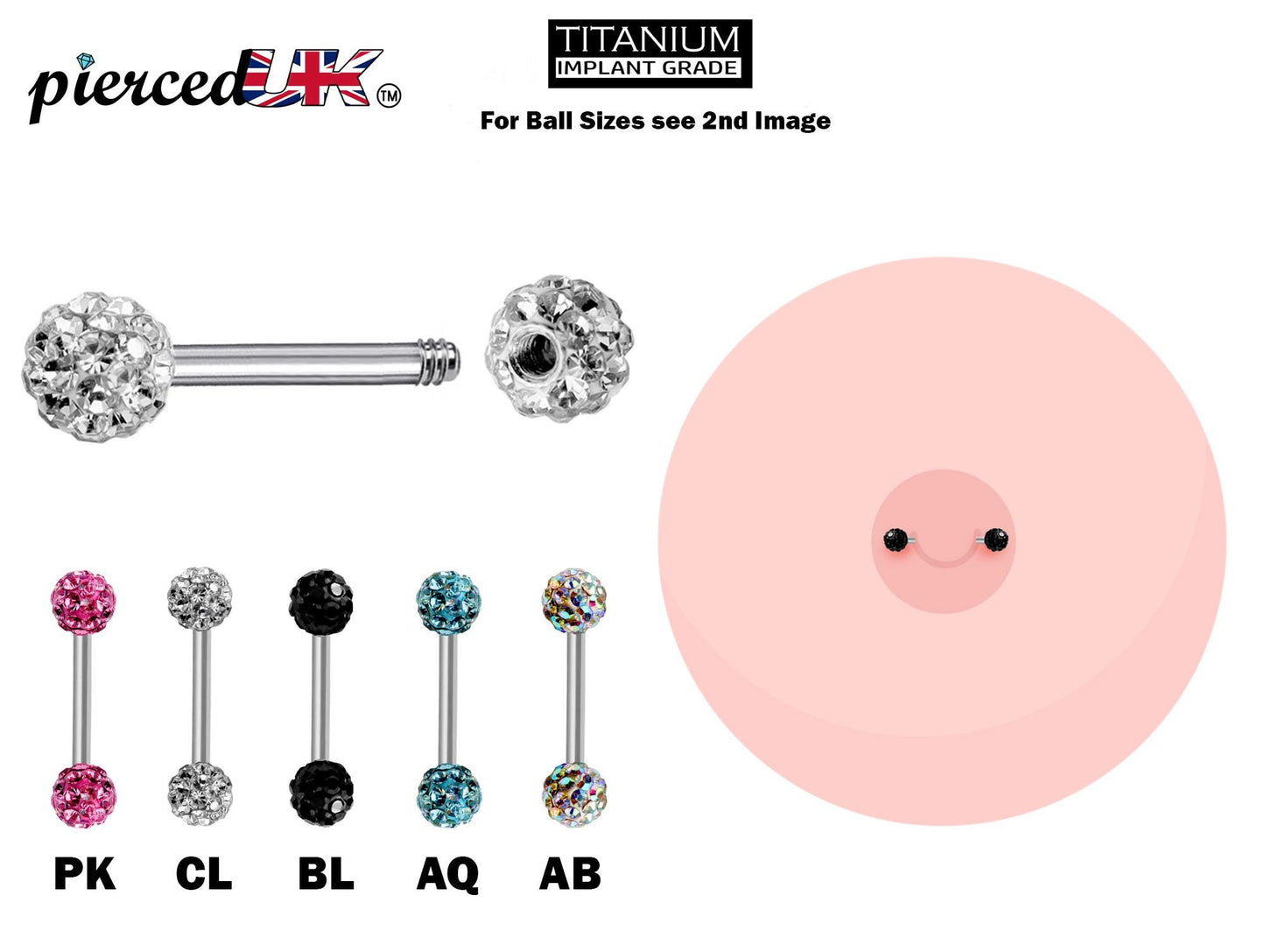 Titanium Nipple Barbell with Disco Ball CZ Crystal External Threaded 16g 14g Barbell Studs Body Piercing for Tongue Bar, Earring, Cartilage