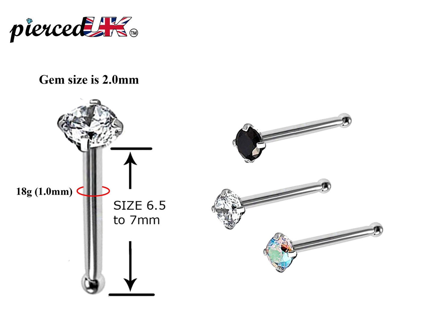 Nose Pin, Nose Studs - Nose Bone Stud with Prong Set CZ Crystals - Nose Piercing Size 18g (1.0mm)