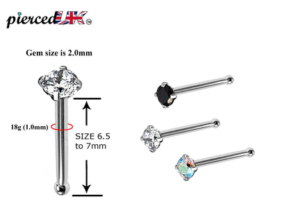 Nose Pin, Nose Studs - Nose Bone Stud with Prong Set CZ Crystals - Nose Piercing Size 18g (1.0mm)