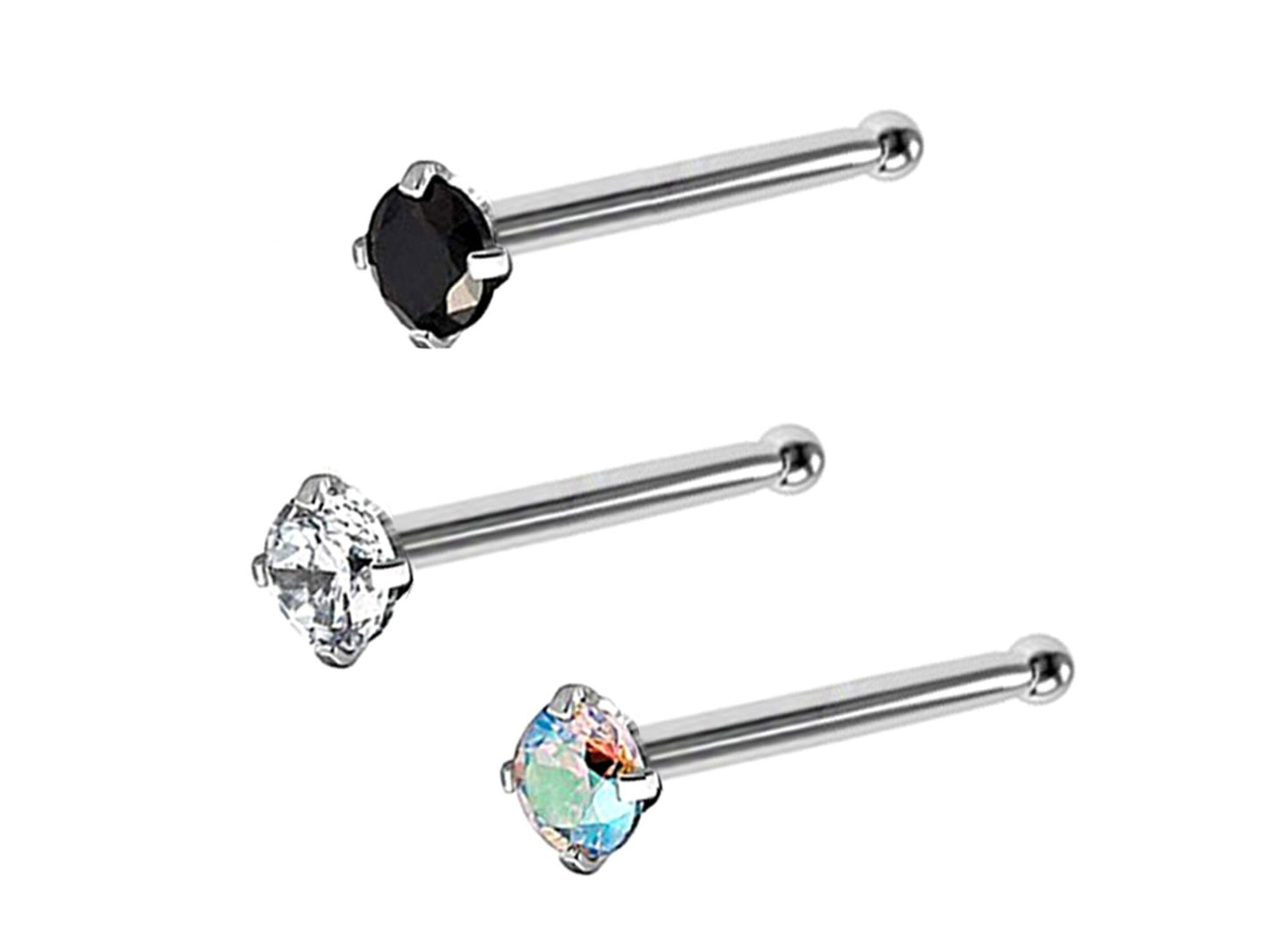 Nose Pin, Nose Studs - Nose Bone Stud with Prong Set CZ Crystals - Nose Piercing Size 18g (1.0mm)