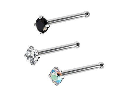 Nose Pin, Nose Studs - Nose Bone Stud with Prong Set CZ Crystals - Nose Piercing Size 18g (1.0mm)