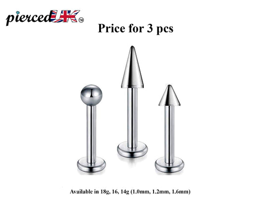 Labret Stud, Lip Piercing – 3pcs Labret Spike / Ball  / Cone  Flatback Labret Earring – Labret Jewelry for Lip, Chin and More