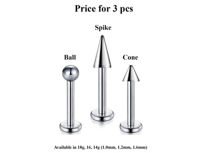 Labret Stud, Lip Piercing – 3pcs Labret Spike / Ball  / Cone  Flatback Labret Earring – Labret Jewelry for Lip, Chin and More