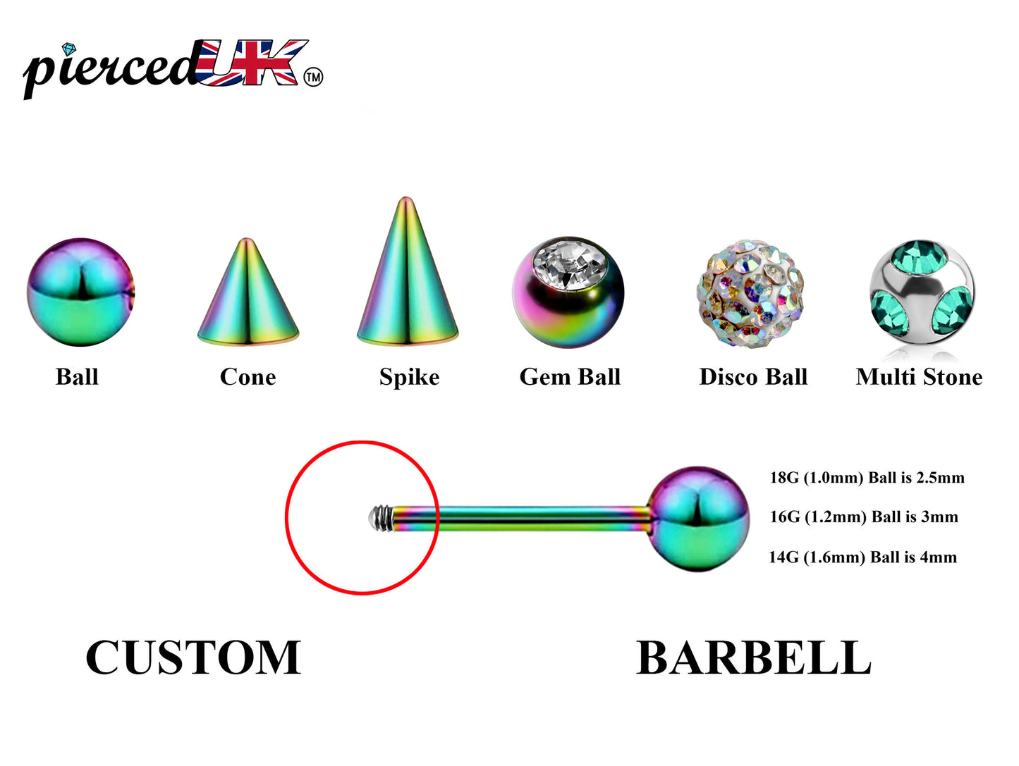 Rainbow Barbell Stud, Industrial Piercing – Custom Barbell Piercing 18g, 16g, 14g Body Jewellery for Nipple, Eyebrow, Tongue Bar and More