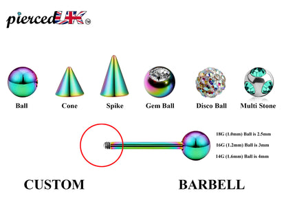 Rainbow Barbell Stud, Industrial Piercing – Custom Barbell Piercing 18g, 16g, 14g Body Jewellery for Nipple, Eyebrow, Tongue Bar and More
