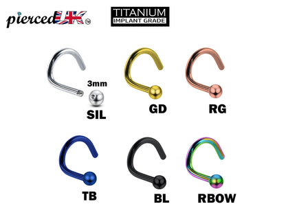 Nose Stud Screw Piercing - Titanium Nostril Jewellery 20g 18g 16g Curve Nose Ring in many Colours - Nasallang Nose Studs, Indian Nose Ring