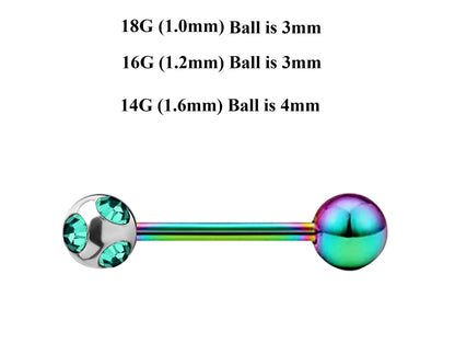 Rainbow Barbell Stud, Industrial Piercing – Custom Barbell Piercing 18g, 16g, 14g Body Jewellery for Nipple, Eyebrow, Tongue Bar and More