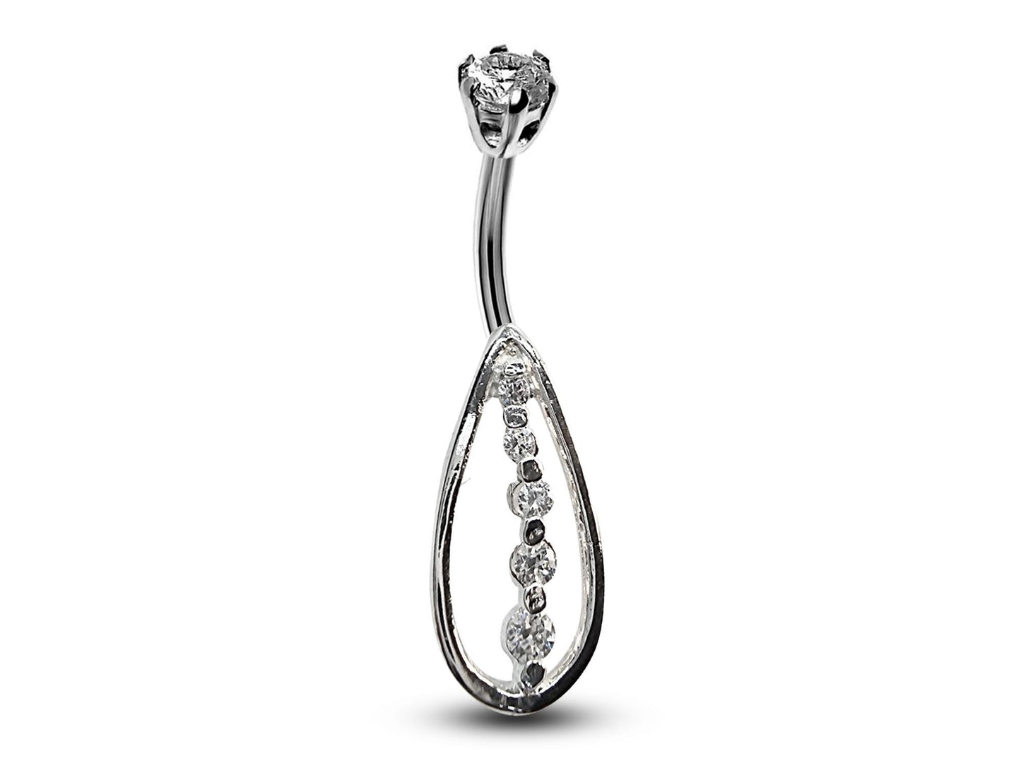 Silver Belly Button Piercing, Belly Bars - Tear Drop Belly Ring with Round Quality CZ Crystals - Navel Ring - 16g (1.6mm) Length is 10mm
