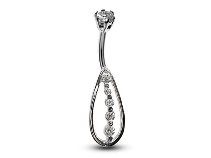 Silver Belly Button Piercing, Belly Bars - Tear Drop Belly Ring with Round Quality CZ Crystals - Navel Ring - 16g (1.6mm) Length is 10mm