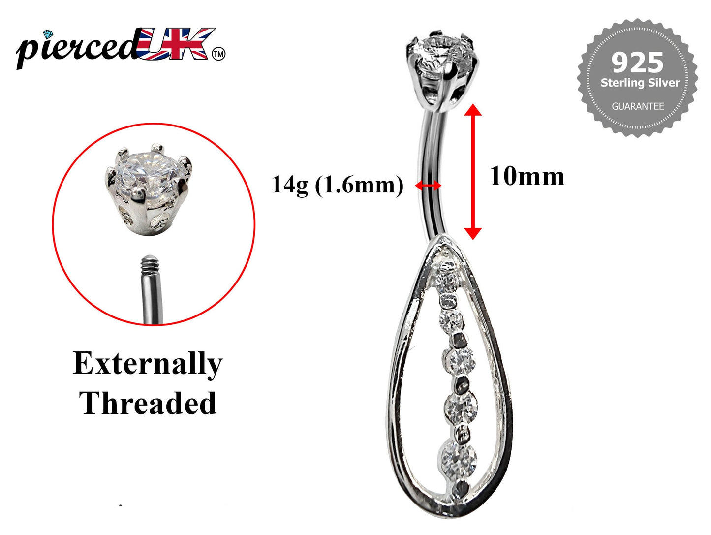 Silver Belly Button Piercing, Belly Bars - Tear Drop Belly Ring with Round Quality CZ Crystals - Navel Ring - 16g (1.6mm) Length is 10mm