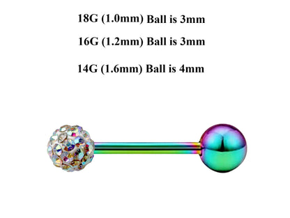 Rainbow Barbell Stud, Industrial Piercing – Custom Barbell Piercing 18g, 16g, 14g Body Jewellery for Nipple, Eyebrow, Tongue Bar and More
