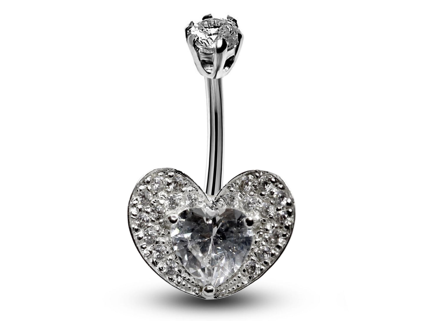 Silver Belly Button Piercing, Belly Bars - Heart Belly Ring Studded with Quality CZ Crystals - Navel Ring - 16g (1.6mm) Length is 10mm