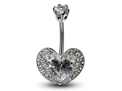 Silver Belly Button Piercing, Belly Bars - Heart Belly Ring Studded with Quality CZ Crystals - Navel Ring - 16g (1.6mm) Length is 10mm