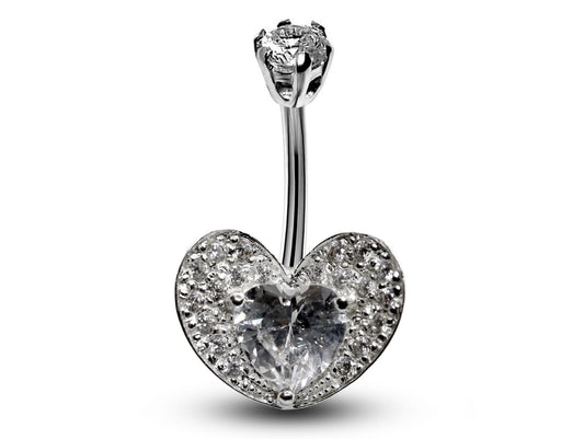Silver Belly Button Piercing, Belly Bars - Heart Belly Ring Studded with Quality CZ Crystals - Navel Ring - 16g (1.6mm) Length is 10mm