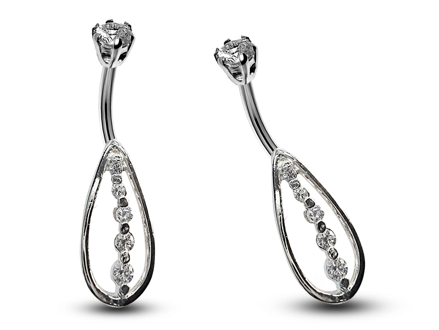 Silver Belly Button Piercing, Belly Bars - Tear Drop Belly Ring with Round Quality CZ Crystals - Navel Ring - 16g (1.6mm) Length is 10mm
