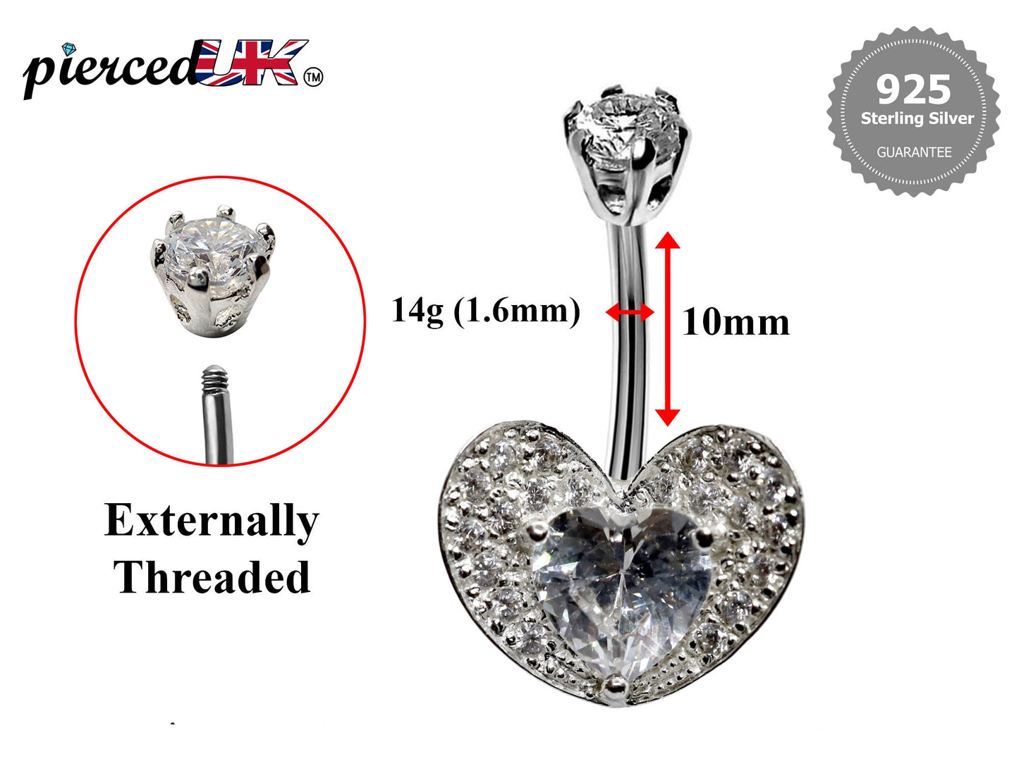 Silver Belly Button Piercing, Belly Bars - Heart Belly Ring Studded with Quality CZ Crystals - Navel Ring - 16g (1.6mm) Length is 10mm