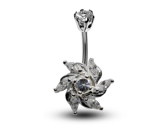 Silver Belly Button Rings, Navel Piercing - Windmill Belly Piercing with High Quality CZ Crystals -Navel Jewelry-16g (1.6mm) Length is 10mm