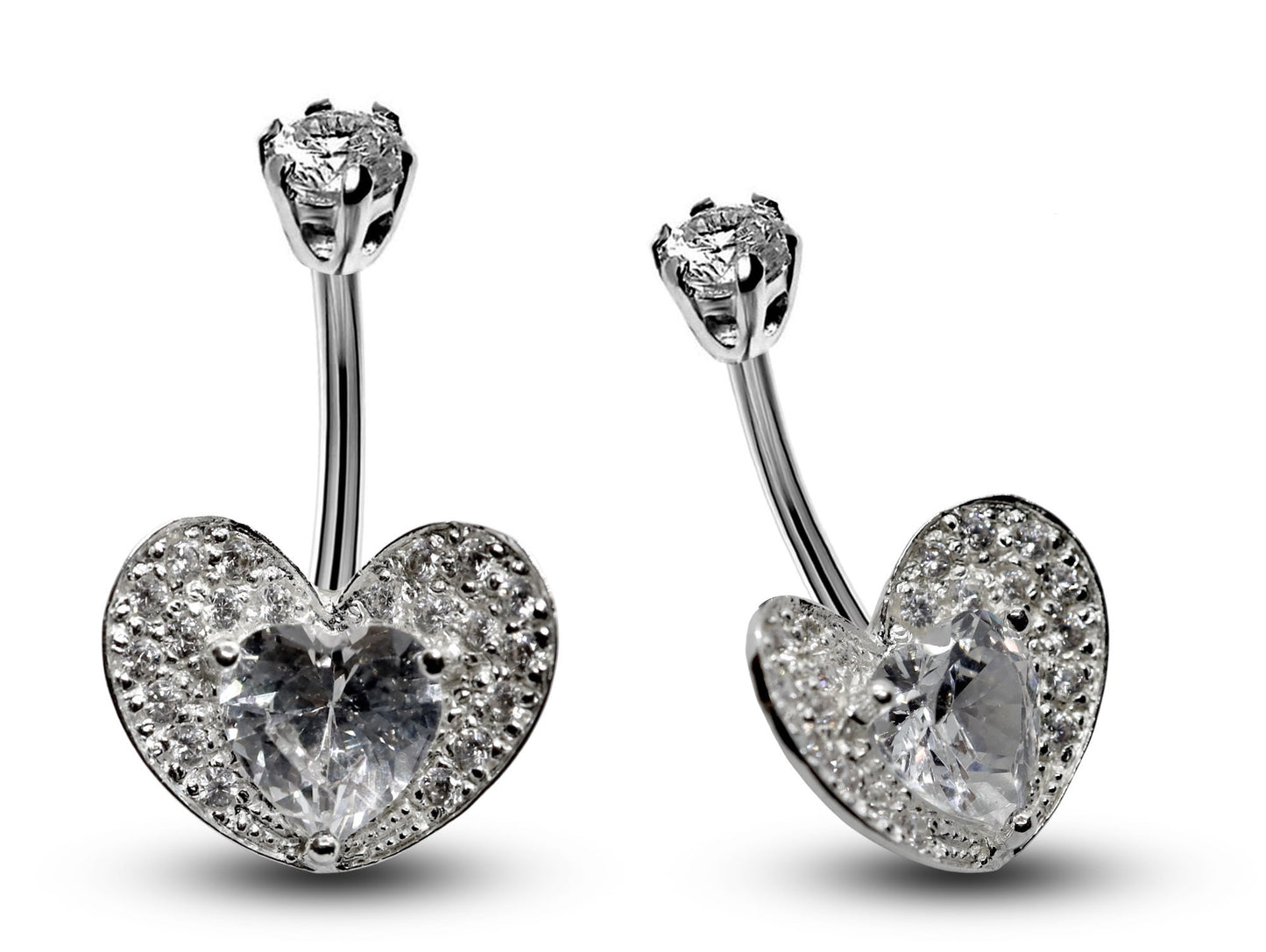 Silver Belly Button Piercing, Belly Bars - Heart Belly Ring Studded with Quality CZ Crystals - Navel Ring - 16g (1.6mm) Length is 10mm