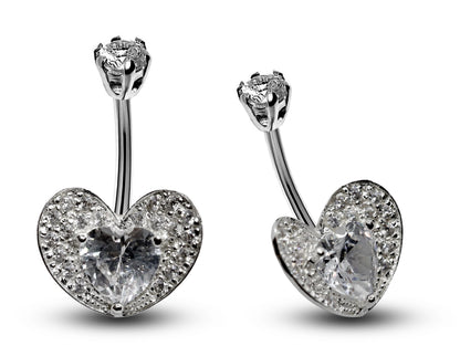 Silver Belly Button Piercing, Belly Bars - Heart Belly Ring Studded with Quality CZ Crystals - Navel Ring - 16g (1.6mm) Length is 10mm