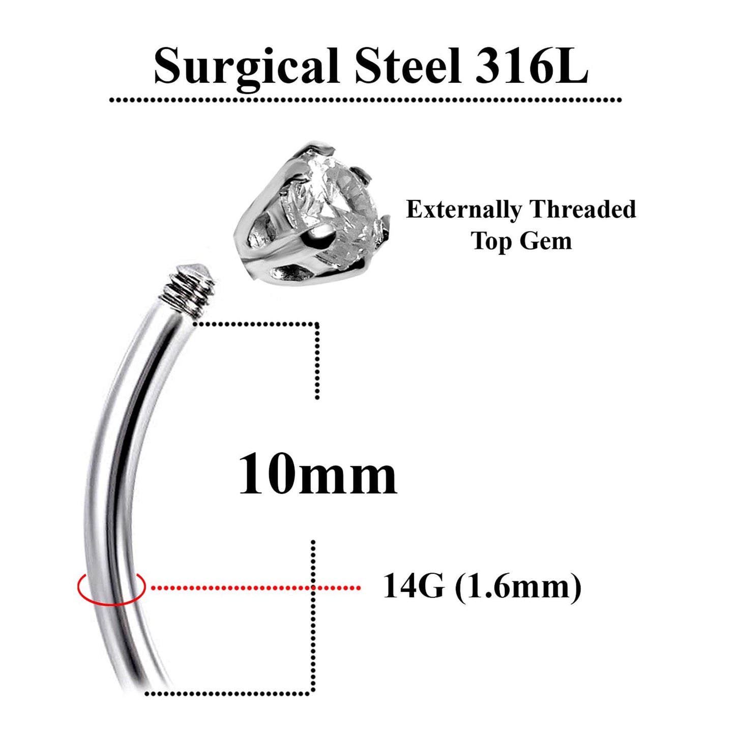 Silver Belly Button Piercing, Belly Bars - Tear Drop Belly Ring with Round Quality CZ Crystals - Navel Ring - 16g (1.6mm) Length is 10mm