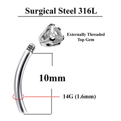 Silver Belly Button Piercing, Belly Bars - Tear Drop Belly Ring with Round Quality CZ Crystals - Navel Ring - 16g (1.6mm) Length is 10mm