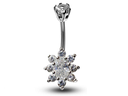 Silver Belly Button Piercing, Belly Bars - Belly Ring Flower CZ Crystals - Navel Ring - 16g (1.6mm) Length is 10mm